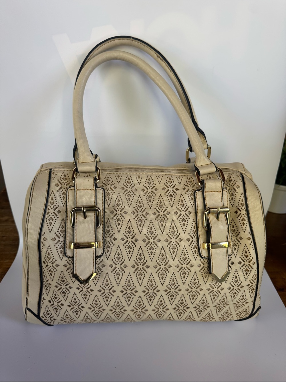 Apt. 9 Beige Laser-Cut Satchel with Buckle Straps